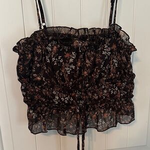 Thirty Thirty Floral Brown Ruffle Crop Tank Top